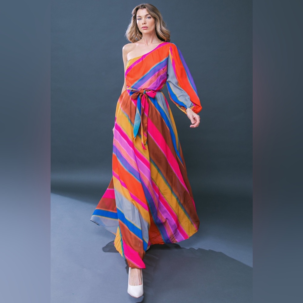 One-Shoulder Multicolor Stripe Maxi Dress - Pink/Orange - Picture 2 of 5